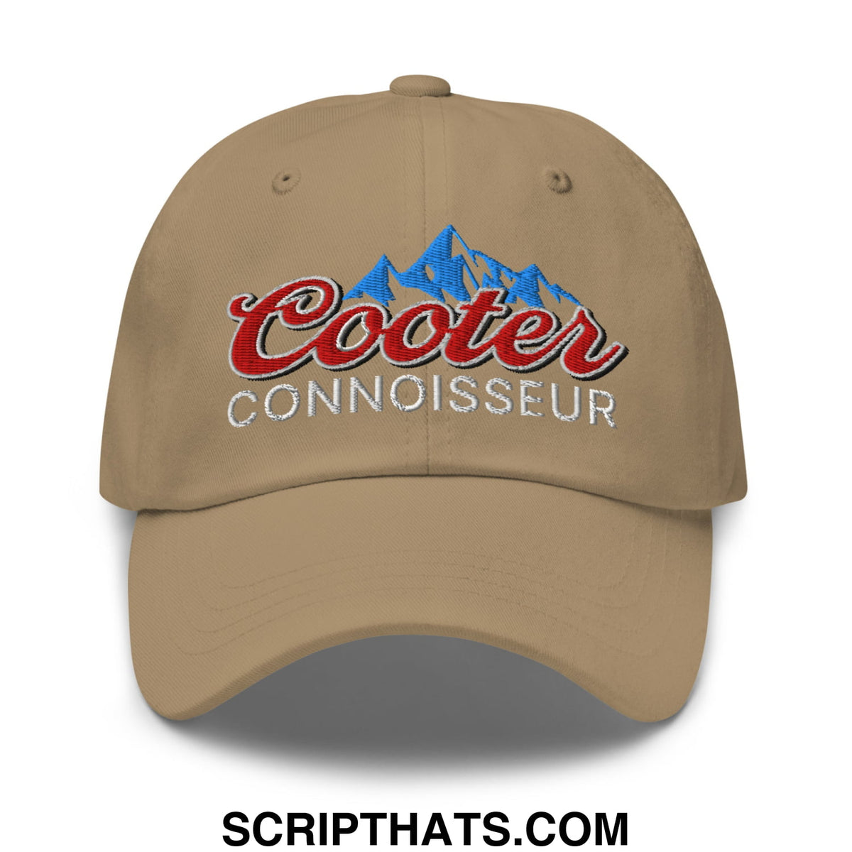 Beige unstructured dad hat featuring embroidered cooter connoisseur logo with red script and blue mountain design