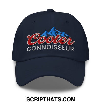 Navy blue embroidered unstructured dad hat with cooter connoisseur logo in red and white and blue mountain design
