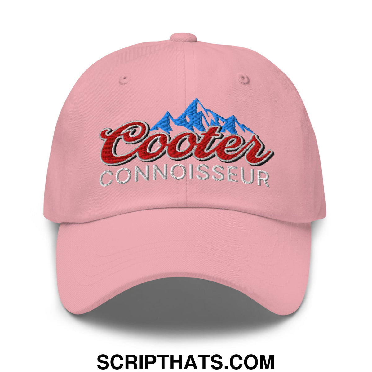 Pink unstructured dad hat featuring embroidered cooter connoisseur logo with red script blue mountain and silver lettering