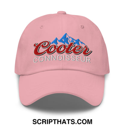 Pink unstructured dad hat featuring embroidered cooter connoisseur logo with red script blue mountain and silver lettering