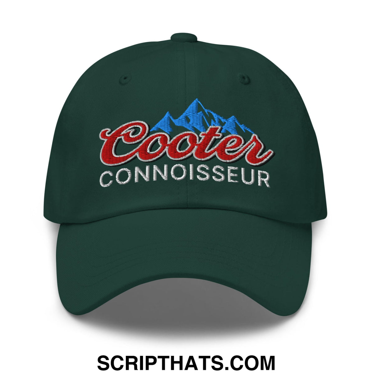 Dark green unstructured dad hat with embroidered cooter connoisseur logo in red script and blue mountain design