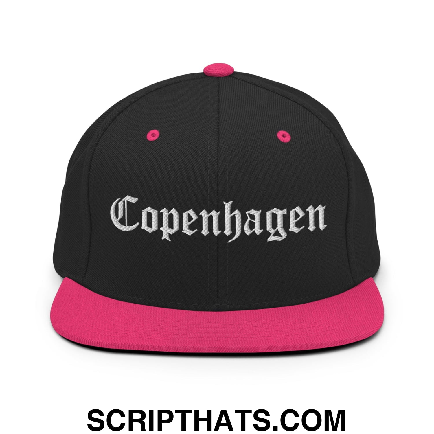 Copenhagen Old English Embroidered Flat Bill Brim Snapback Hat Black Neon Pink