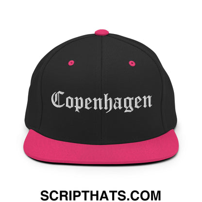 Copenhagen Old English Embroidered Flat Bill Brim Snapback Hat Black Neon Pink