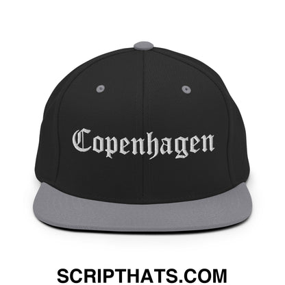 Copenhagen Old English Embroidered Flat Bill Brim Snapback Hat Black Silver