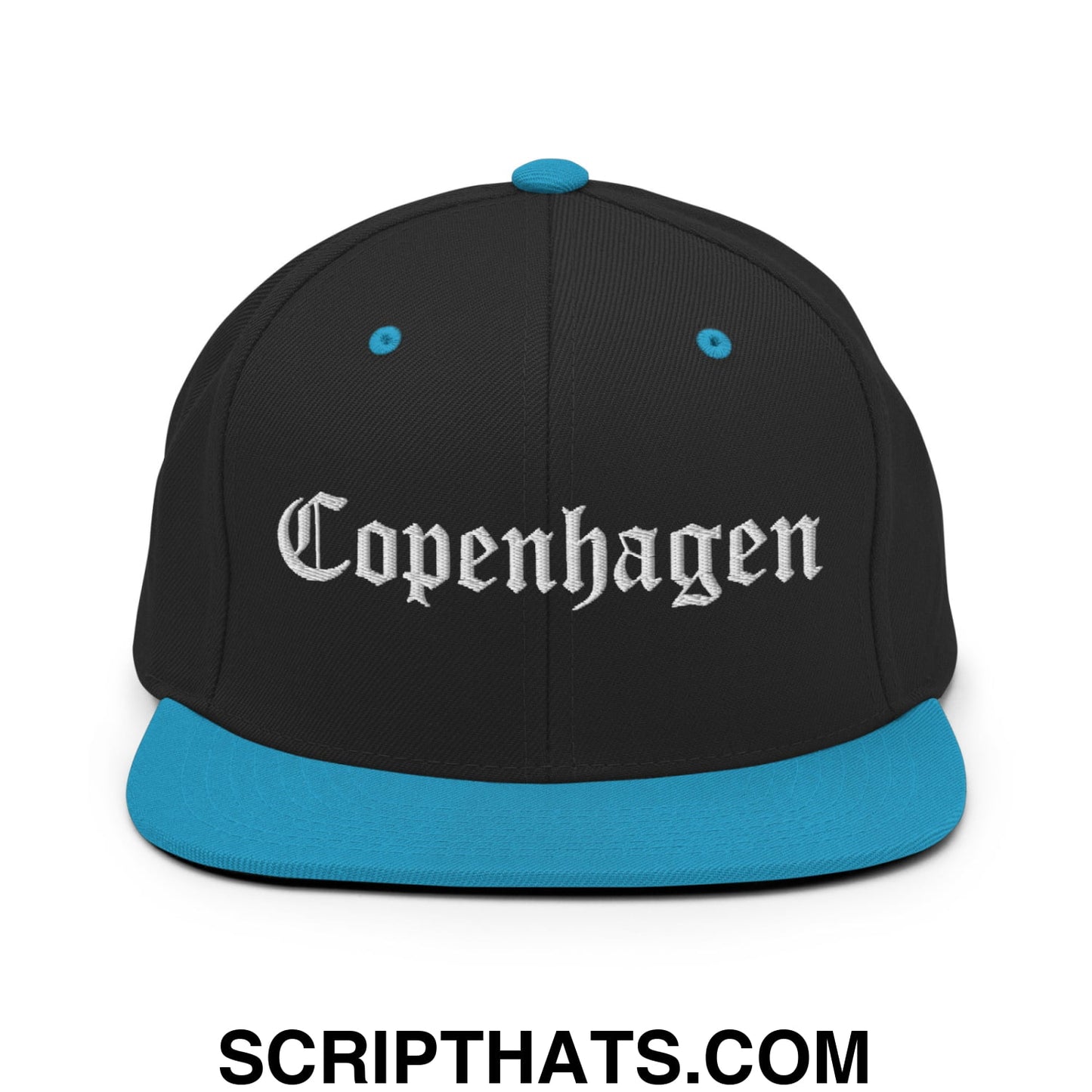 Copenhagen Old English Embroidered Flat Bill Brim Snapback Hat Black Teal