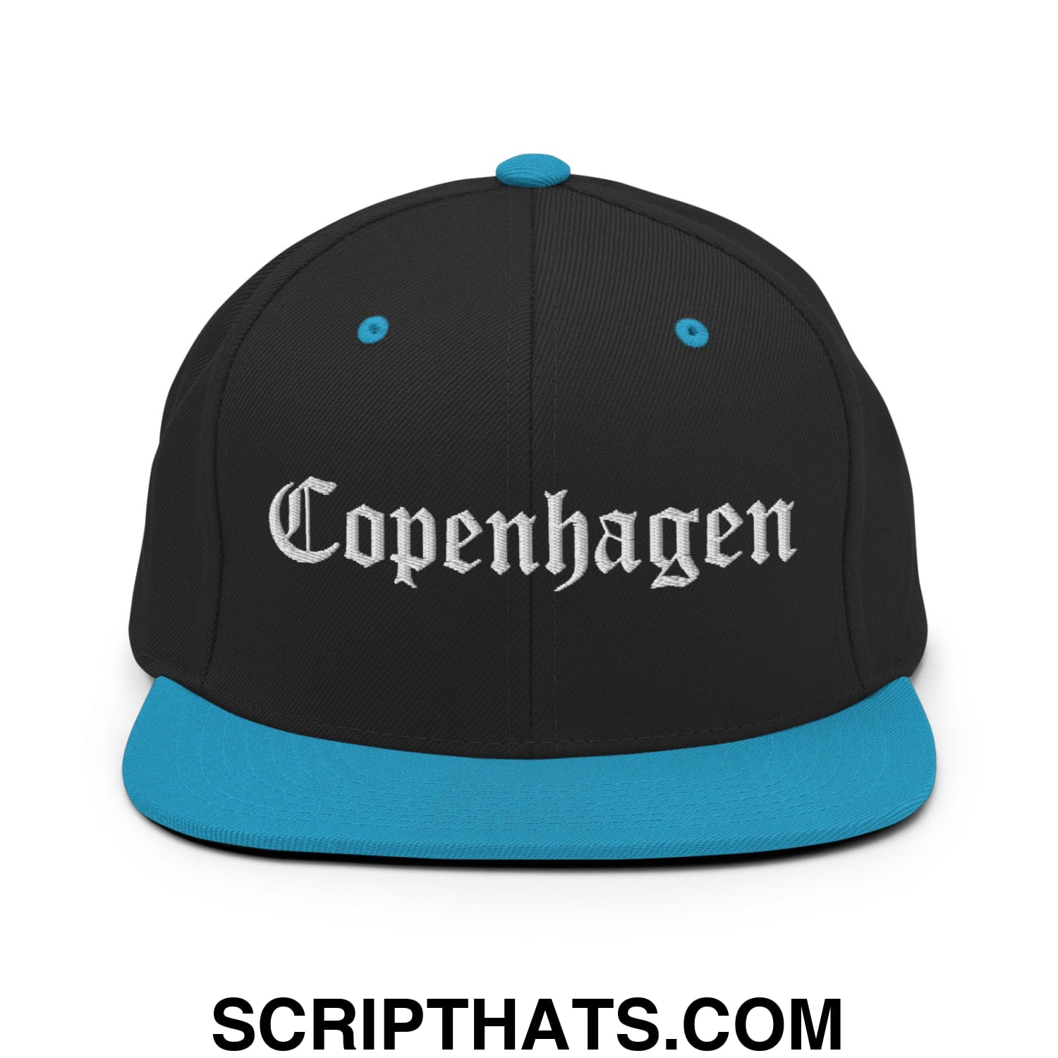 Copenhagen Old English Embroidered Flat Bill Brim Snapback Hat Black Teal