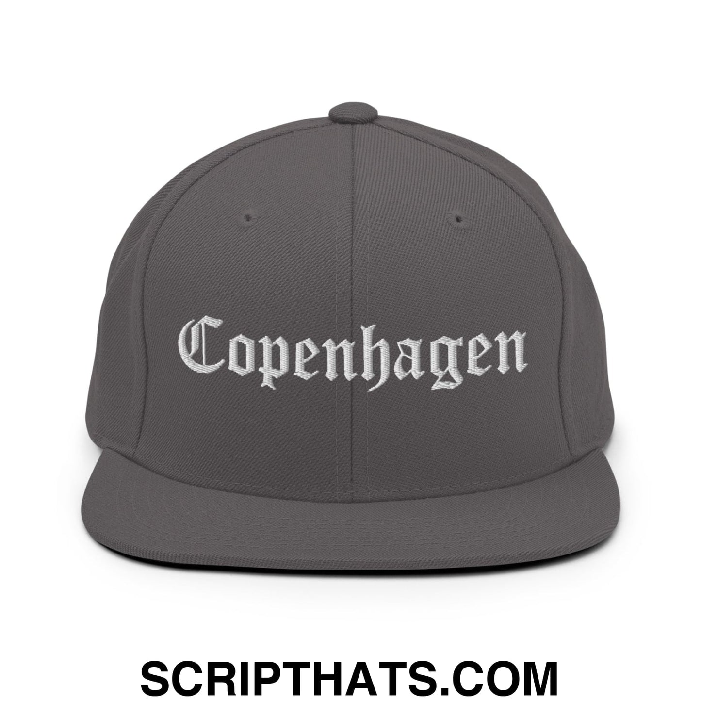 Copenhagen Old English Embroidered Flat Bill Brim Snapback Hat Dark Grey