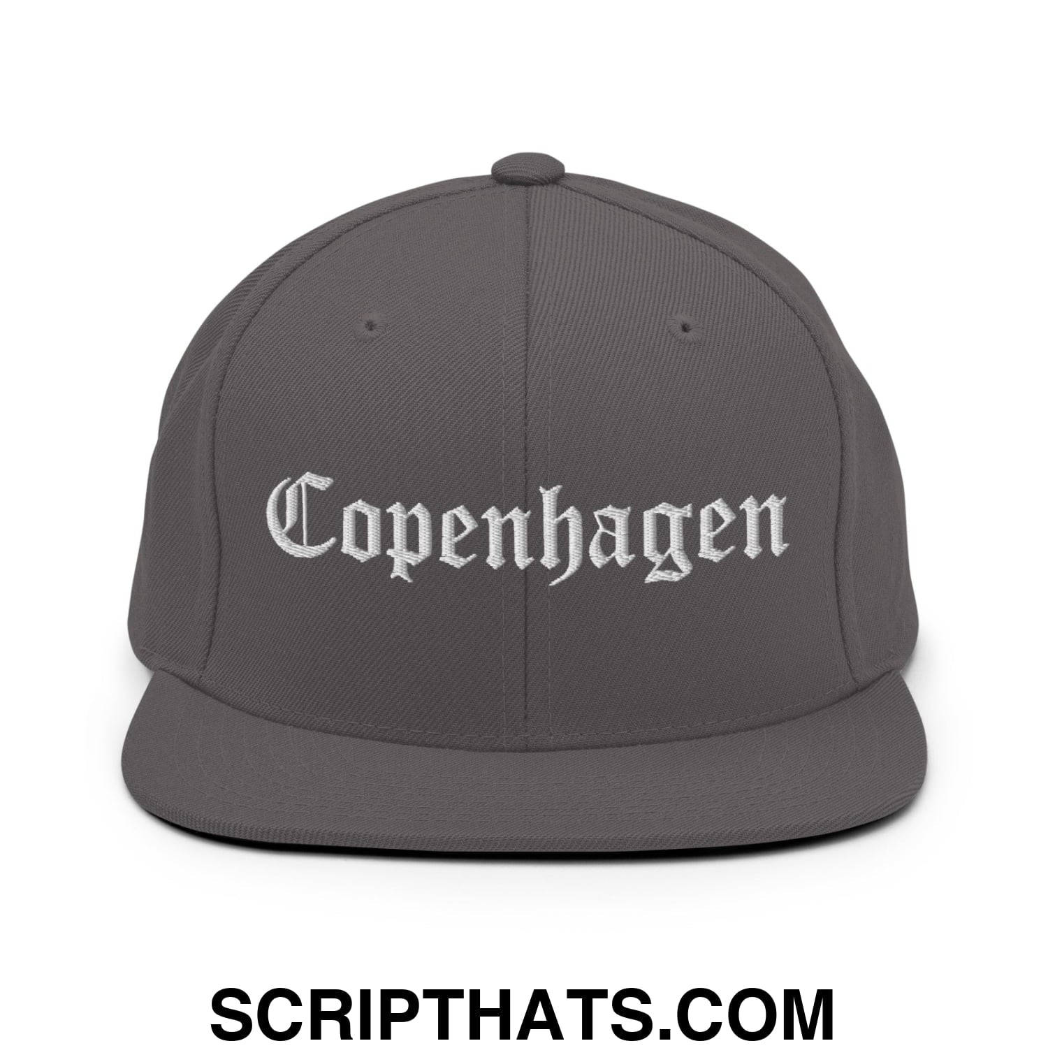 Copenhagen Old English Embroidered Flat Bill Brim Snapback Hat Dark Grey