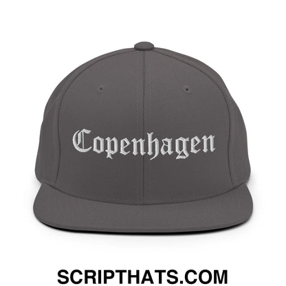 Copenhagen Old English Embroidered Flat Bill Brim Snapback Hat Dark Grey
