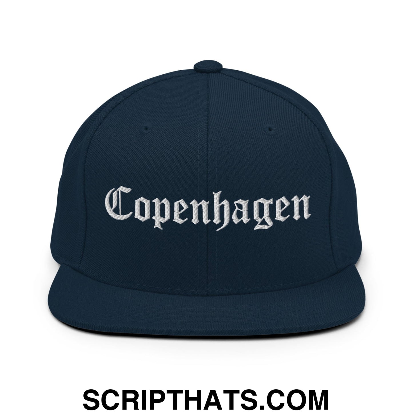 Copenhagen Old English Embroidered Flat Bill Brim Snapback Hat Dark Navy