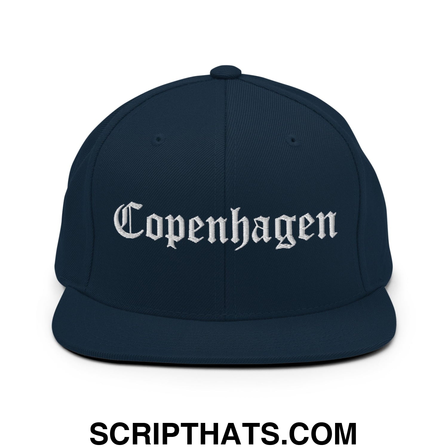 Copenhagen Old English Embroidered Flat Bill Brim Snapback Hat Dark Navy