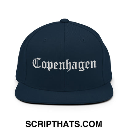 Copenhagen Old English Embroidered Flat Bill Brim Snapback Hat Dark Navy
