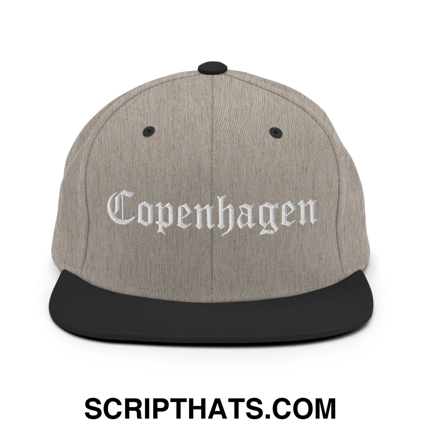 Copenhagen Old English Embroidered Flat Bill Brim Snapback Hat Heather Black