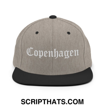 Copenhagen Old English Embroidered Flat Bill Brim Snapback Hat Heather Black