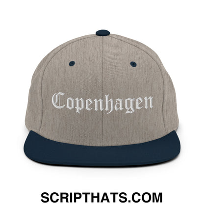 Copenhagen Old English Embroidered Flat Bill Brim Snapback Hat Heather Grey Navy