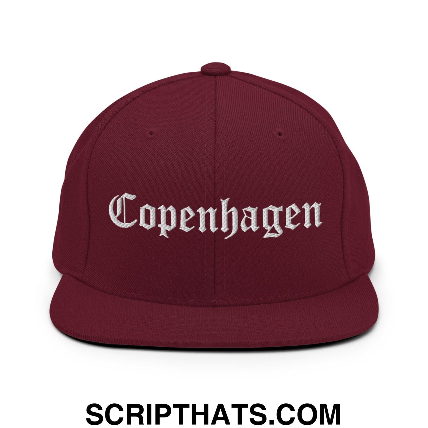 Copenhagen Old English Embroidered Flat Bill Brim Snapback Hat Maroon