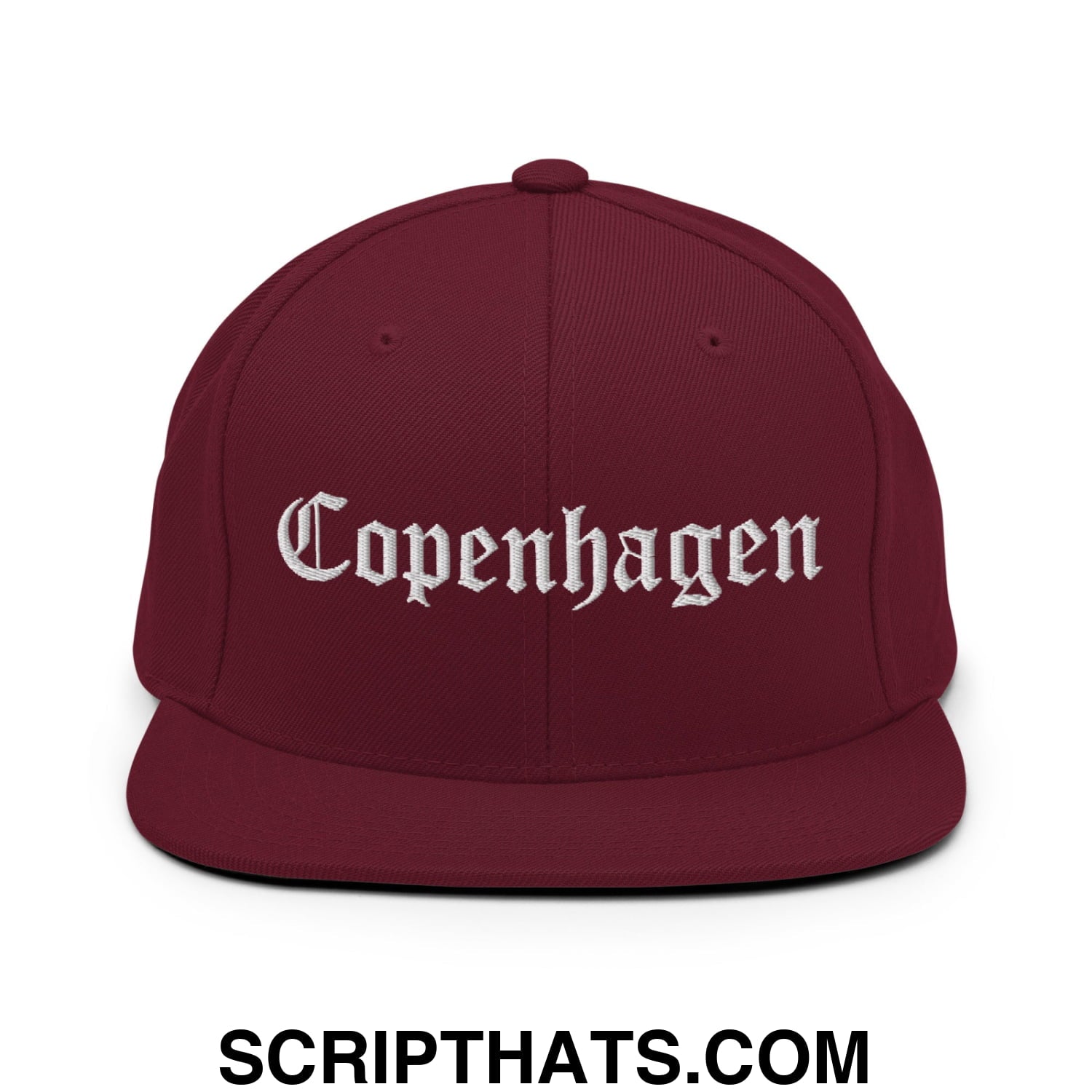 Copenhagen Old English Embroidered Flat Bill Brim Snapback Hat Maroon