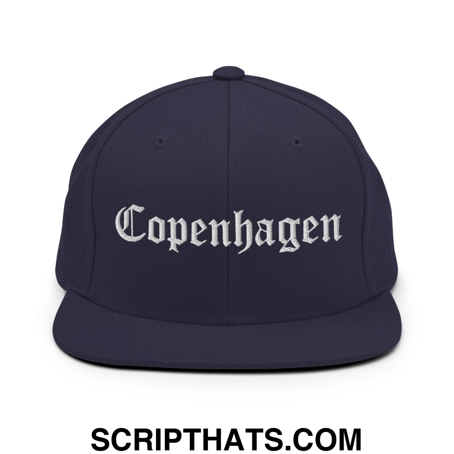 Copenhagen Old English Embroidered Flat Bill Brim Snapback Hat Navy