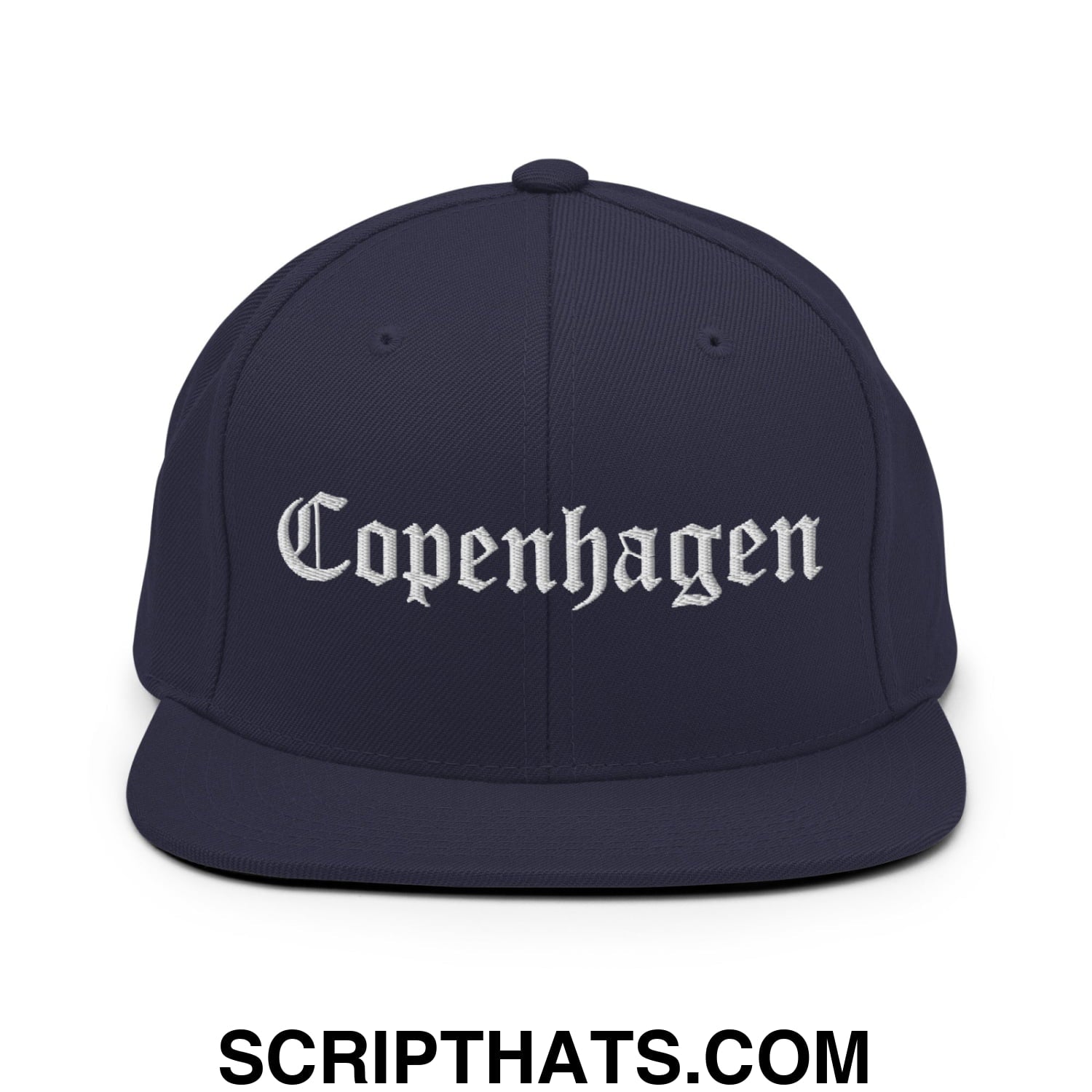 Copenhagen Old English Embroidered Flat Bill Brim Snapback Hat Navy