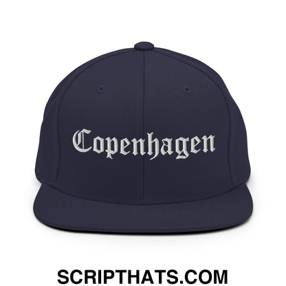 Copenhagen Old English Embroidered Flat Bill Brim Snapback Hat Navy