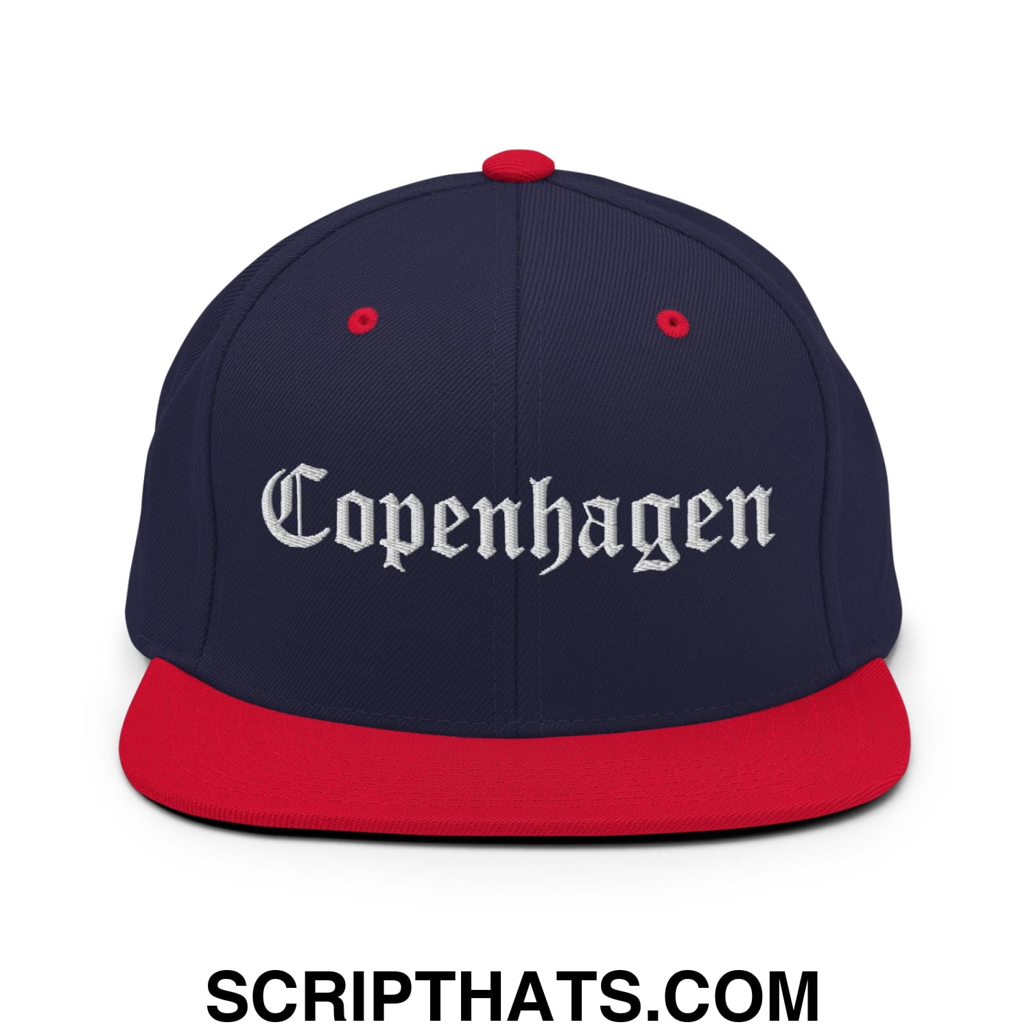 Copenhagen Old English Embroidered Flat Bill Brim Snapback Hat Navy Red