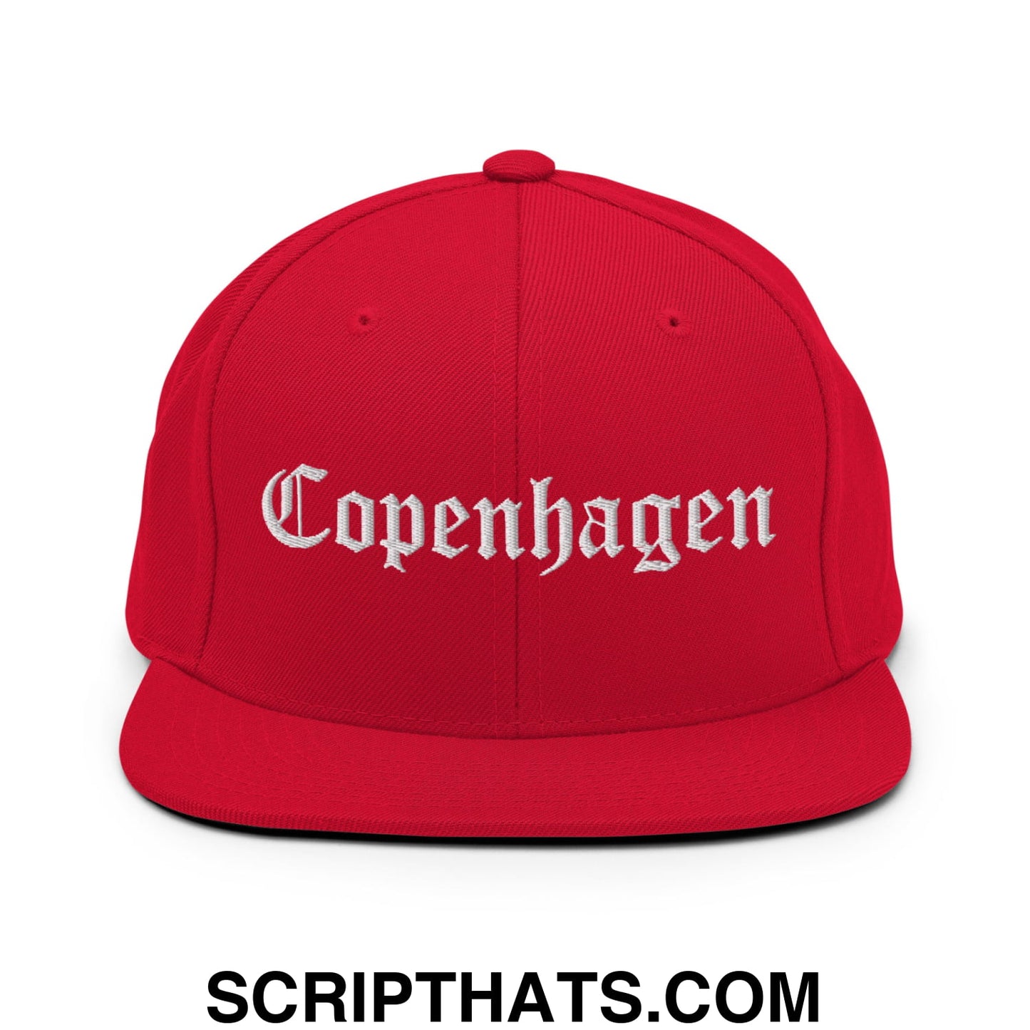 Copenhagen Old English Embroidered Flat Bill Brim Snapback Hat Red