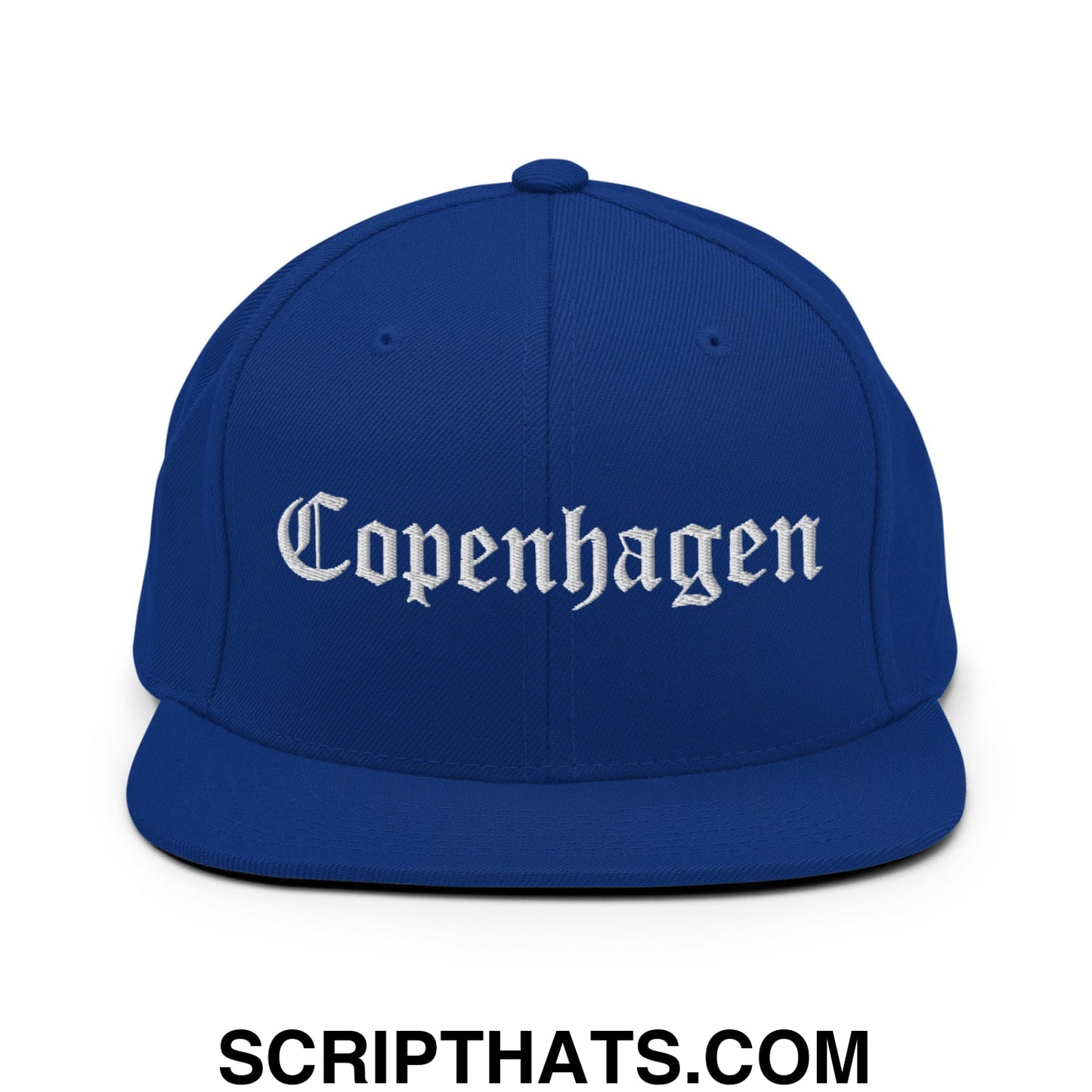 Copenhagen Old English Embroidered Flat Bill Brim Snapback Hat Royal Blue