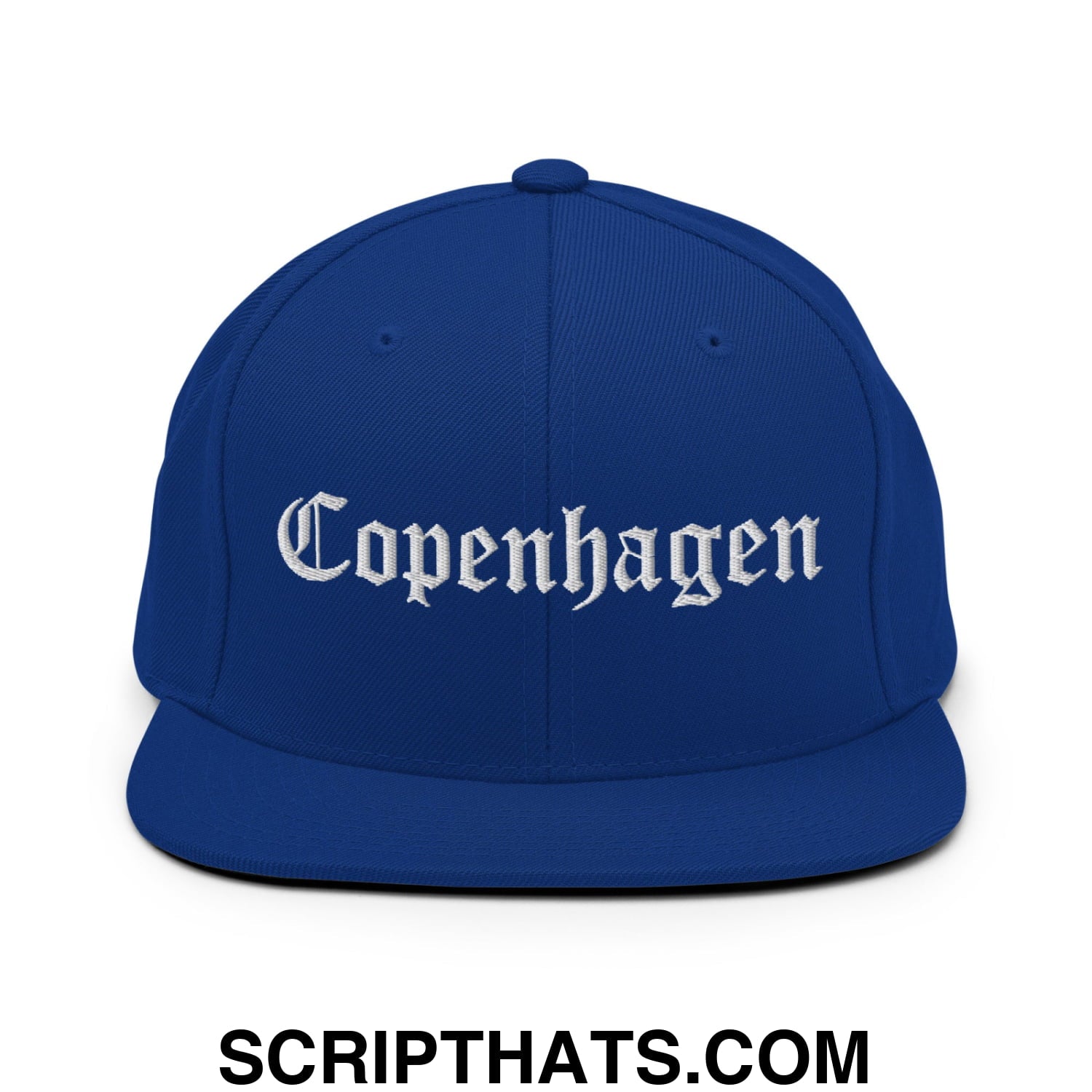 Copenhagen Old English Embroidered Flat Bill Brim Snapback Hat Royal Blue