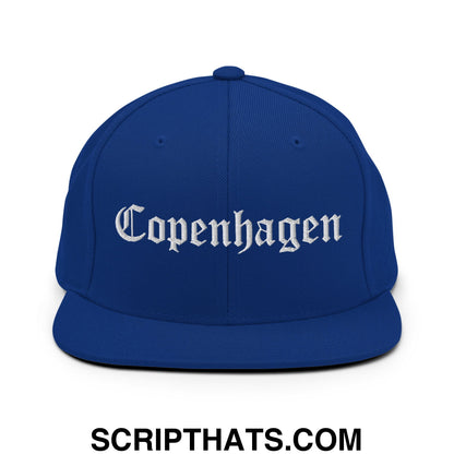 Copenhagen Old English Embroidered Flat Bill Brim Snapback Hat Royal Blue