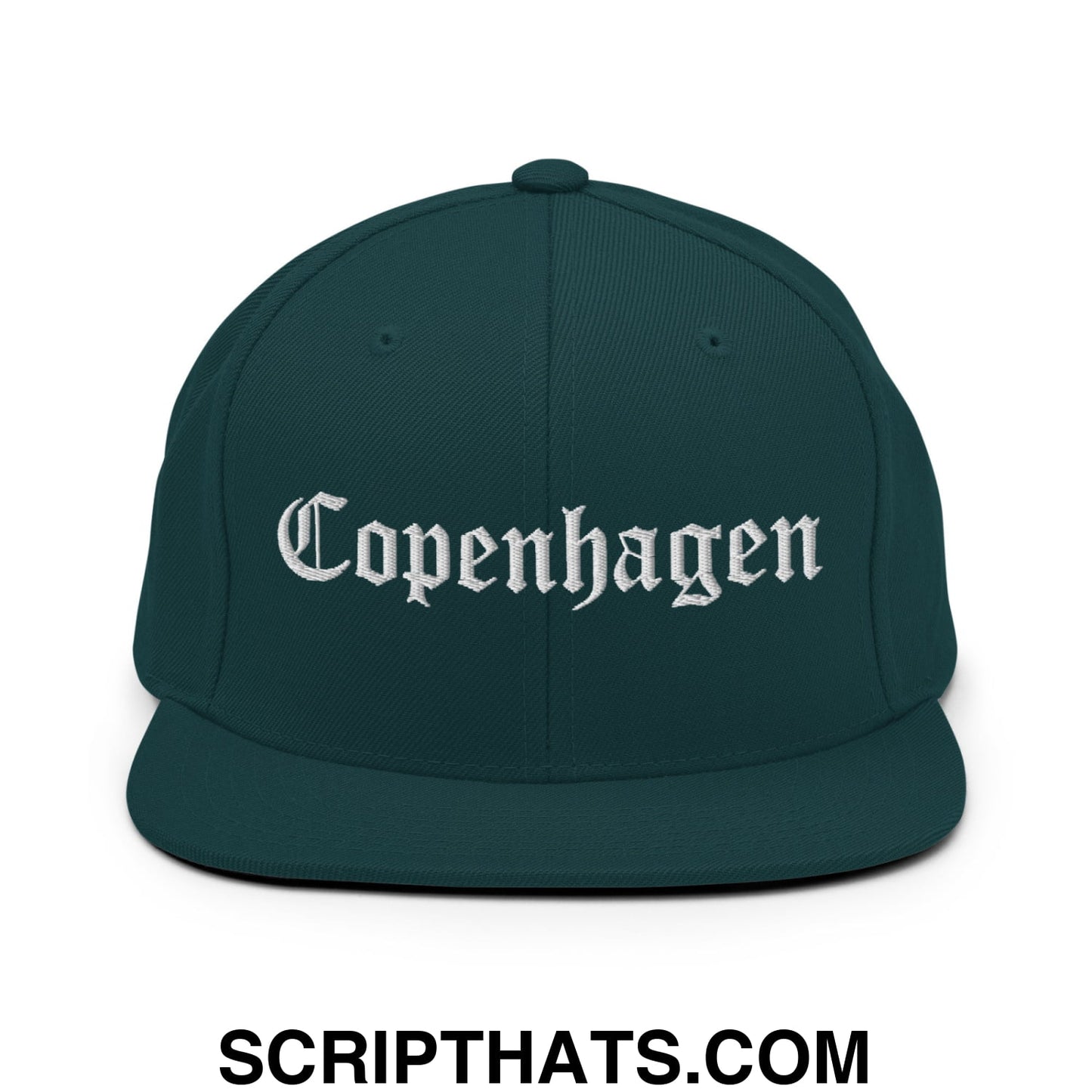 Copenhagen Old English Embroidered Flat Bill Brim Snapback Hat Spruce