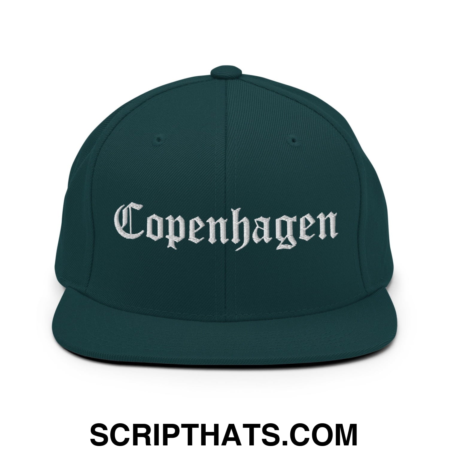 Copenhagen Old English Embroidered Flat Bill Brim Snapback Hat Spruce