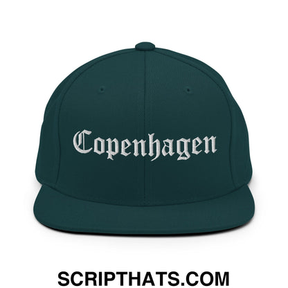 Copenhagen Old English Embroidered Flat Bill Brim Snapback Hat Spruce