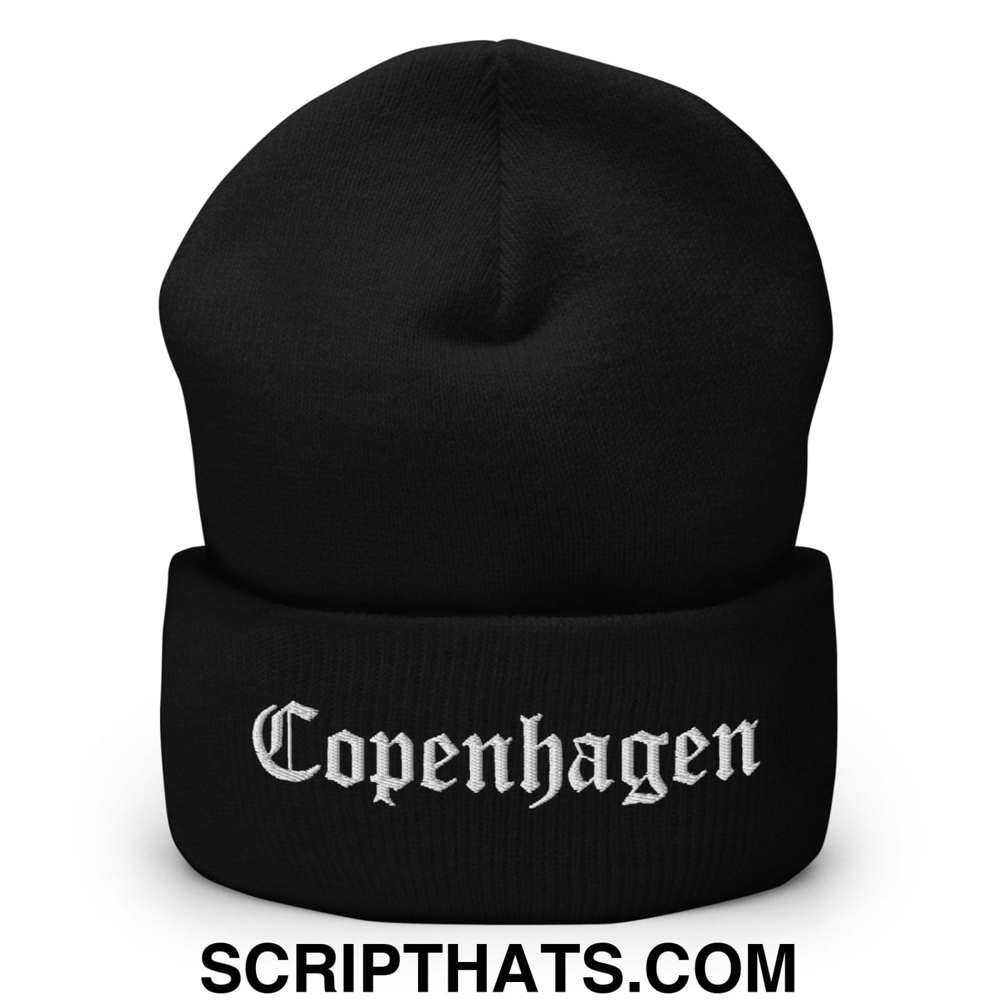 Copenhagen Old English Embroidered Knit Cuffed Beanie Black