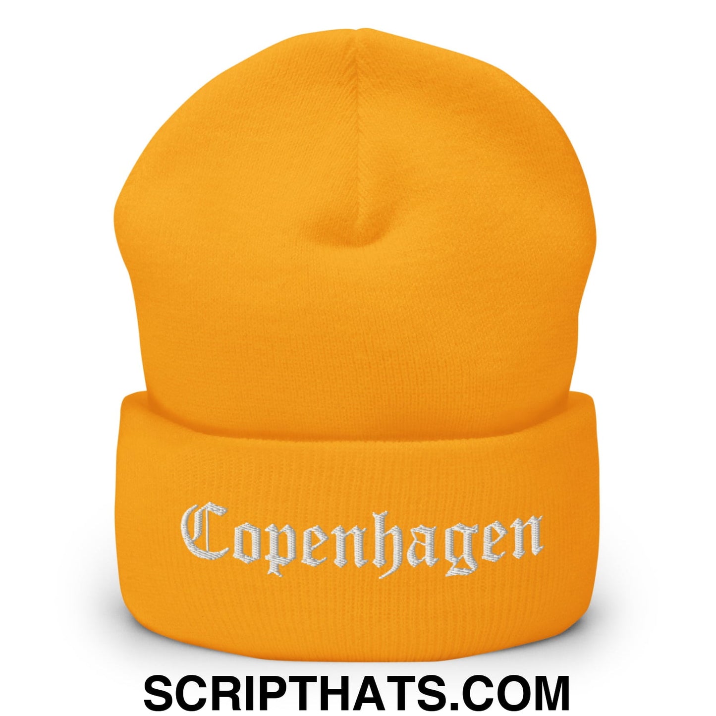 Copenhagen Old English Embroidered Knit Cuffed Beanie Gold