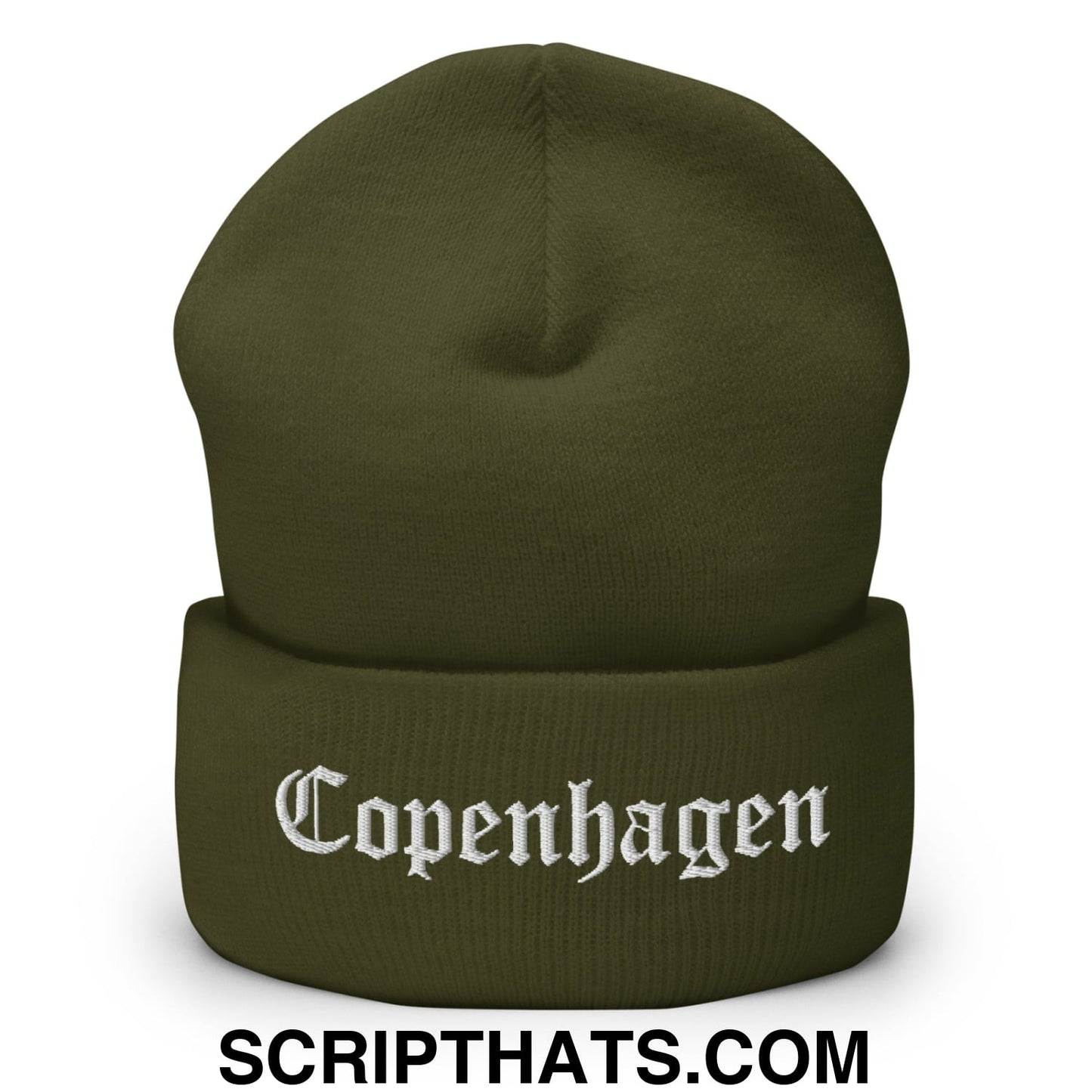 Copenhagen Old English Embroidered Knit Cuffed Beanie Olive