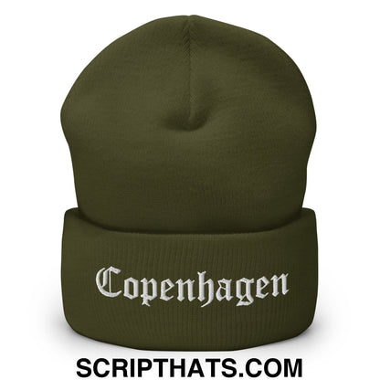 Copenhagen Old English Embroidered Knit Cuffed Beanie Olive