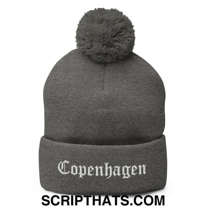Copenhagen Old English Embroidered Knit Pom Pom Beanie Dark Heather Grey