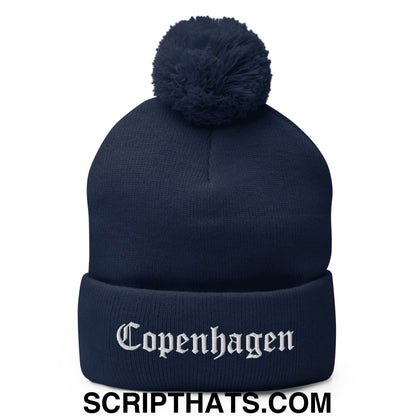 Copenhagen Old English Embroidered Knit Pom Pom Beanie Navy