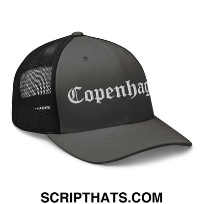 Copenhagen Old English Embroidered Mesh Trucker Hat Charcoal Black