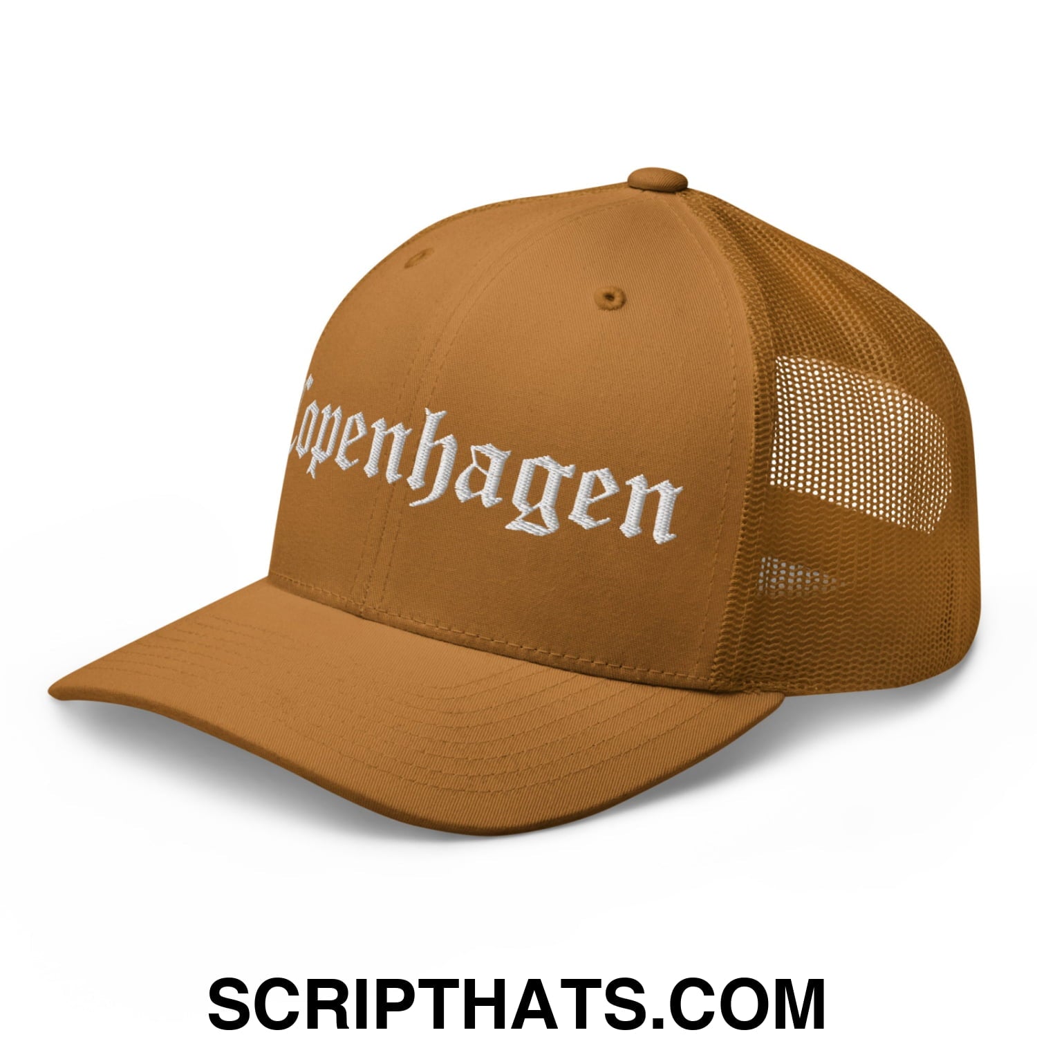 Copenhagen Old English Embroidered Mesh Trucker Hat Caramel