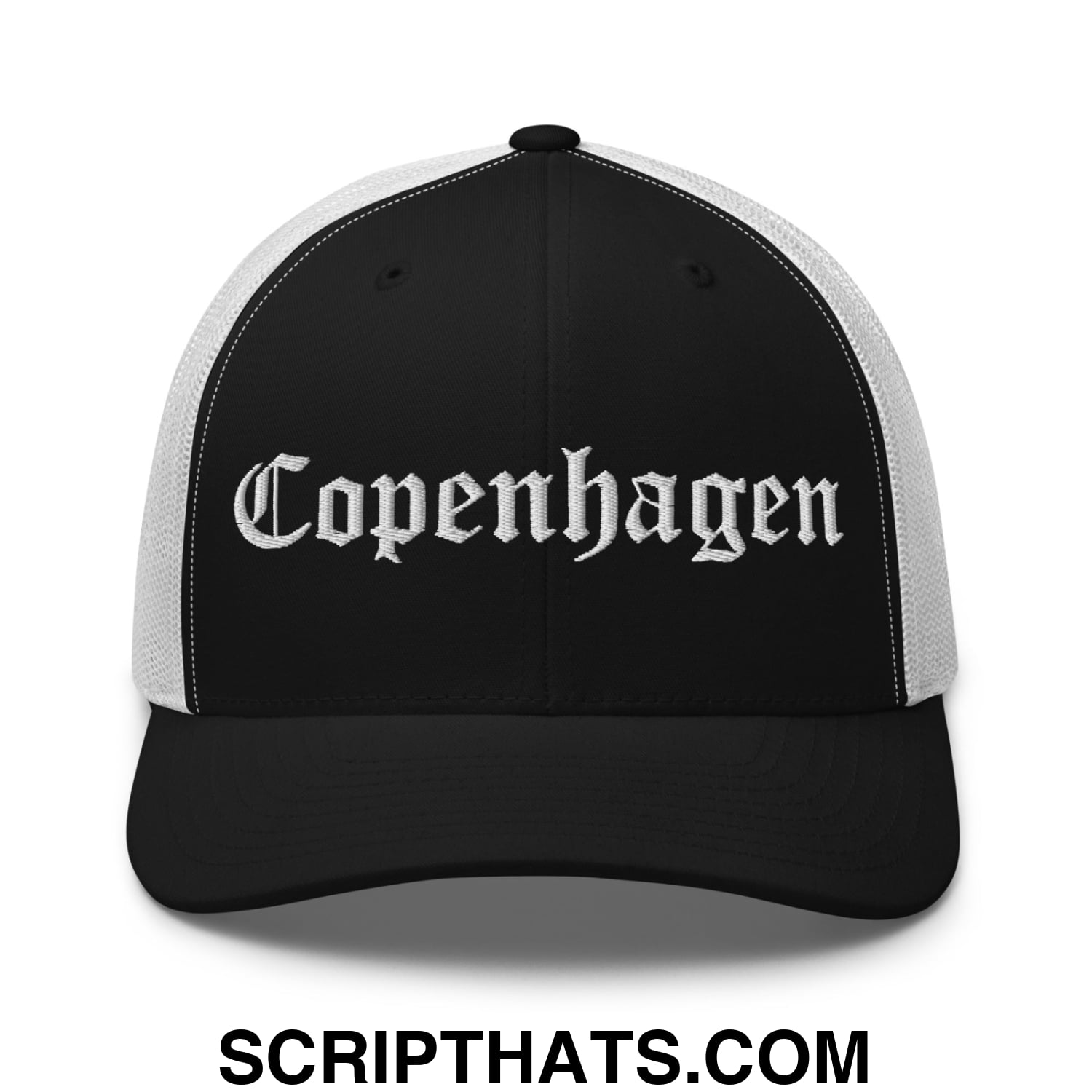Copenhagen Old English Embroidered Mesh Trucker Hat Black White