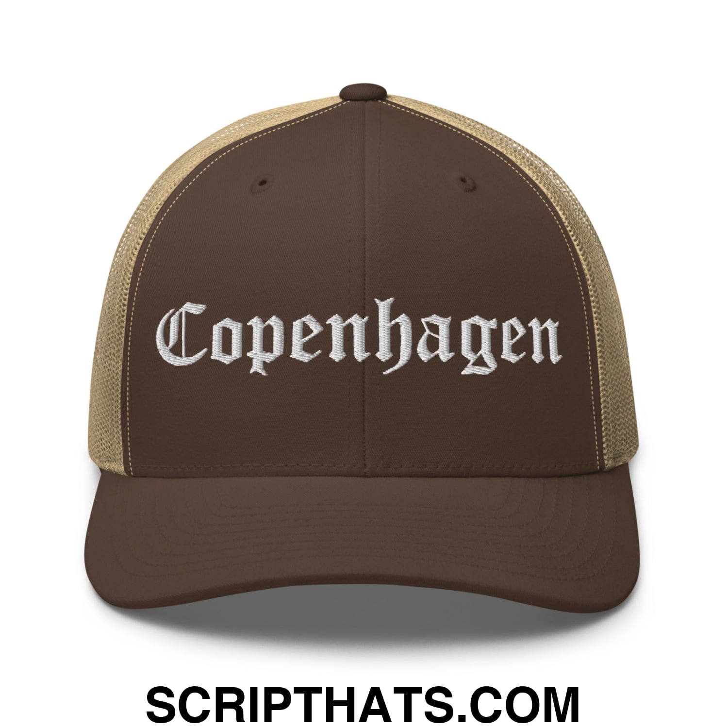 Copenhagen Old English Embroidered Mesh Trucker Hat Brown Khaki