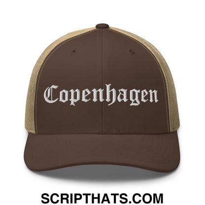 Copenhagen Old English Embroidered Mesh Trucker Hat Brown Khaki