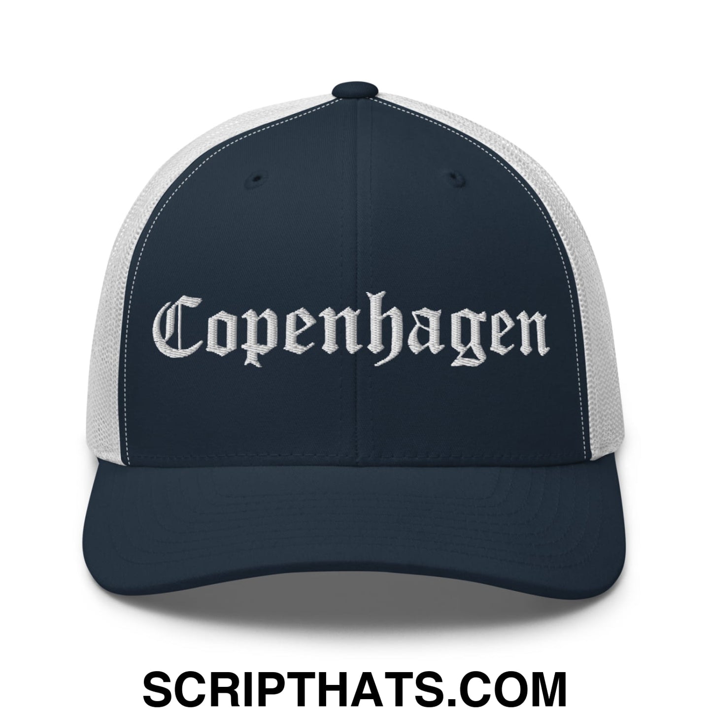 Copenhagen Old English Embroidered Mesh Trucker Hat Navy White