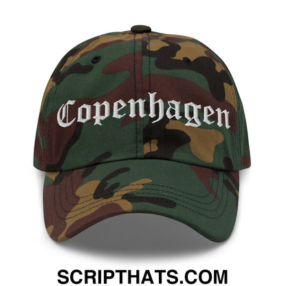 Copenhagen Old English Embroidered Unstructured Dad Hat Green Camo