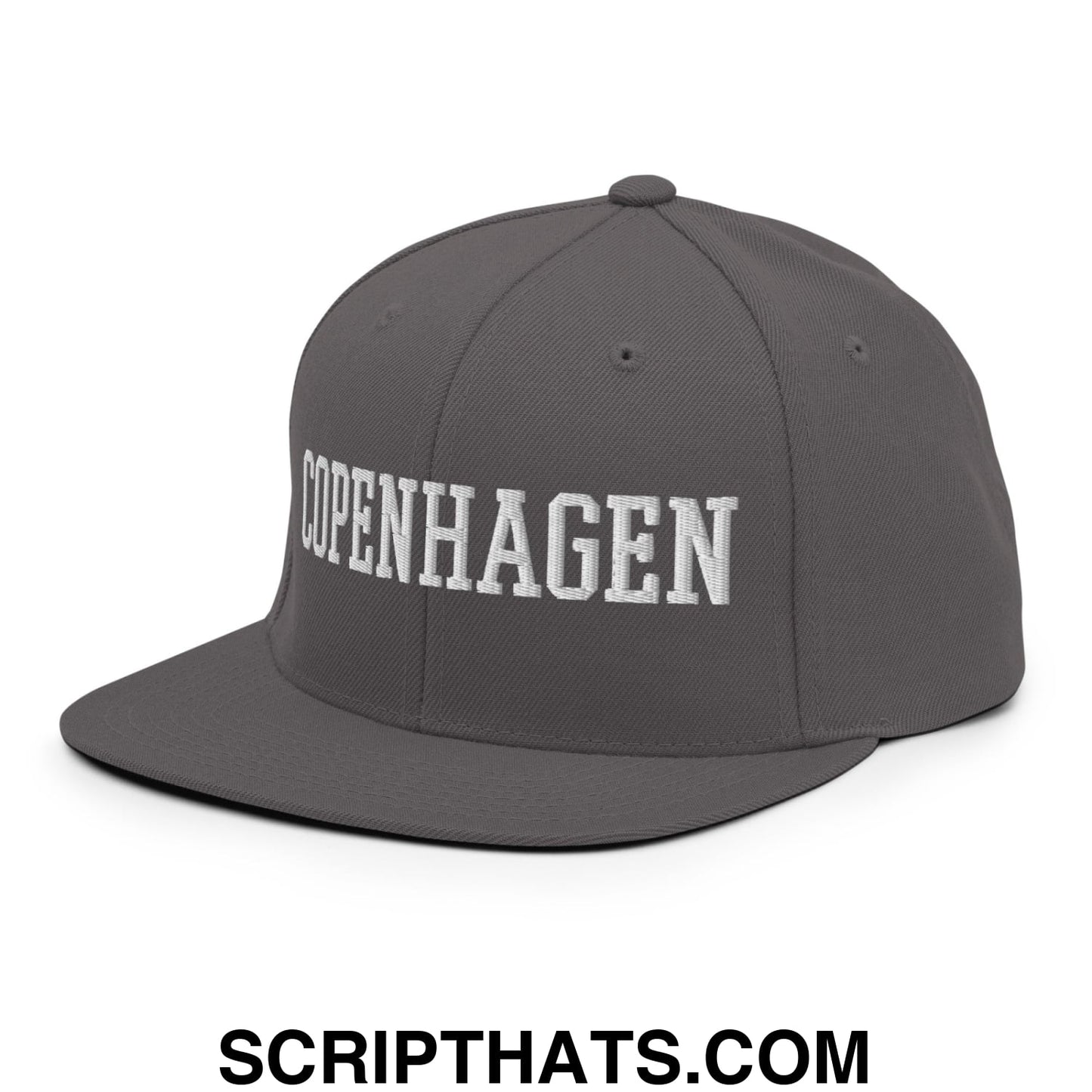 Copenhagen Varsity College Block Embroidered Flat Bill Brim Snapback Hat Dark Grey