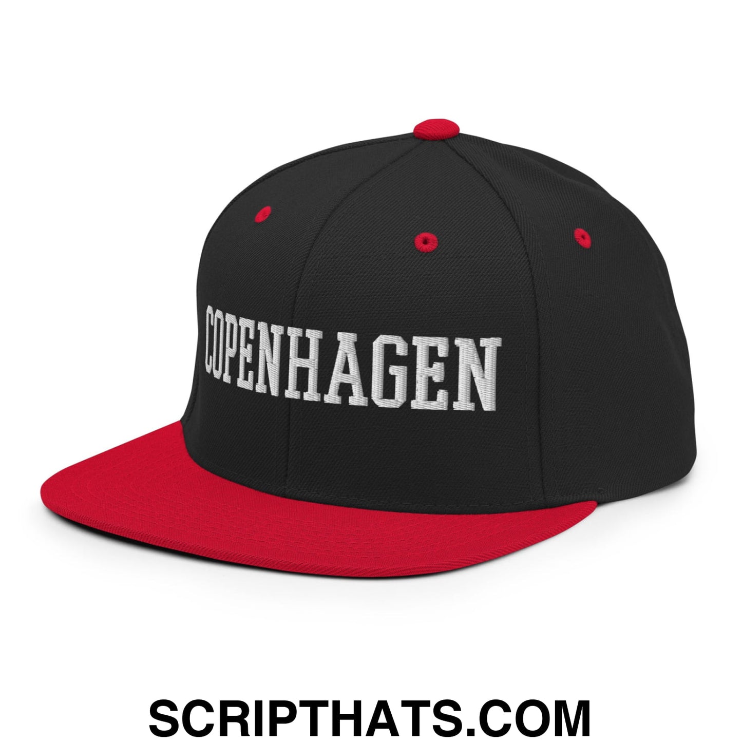 Copenhagen Varsity College Block Embroidered Flat Bill Brim Snapback Hat Black Red
