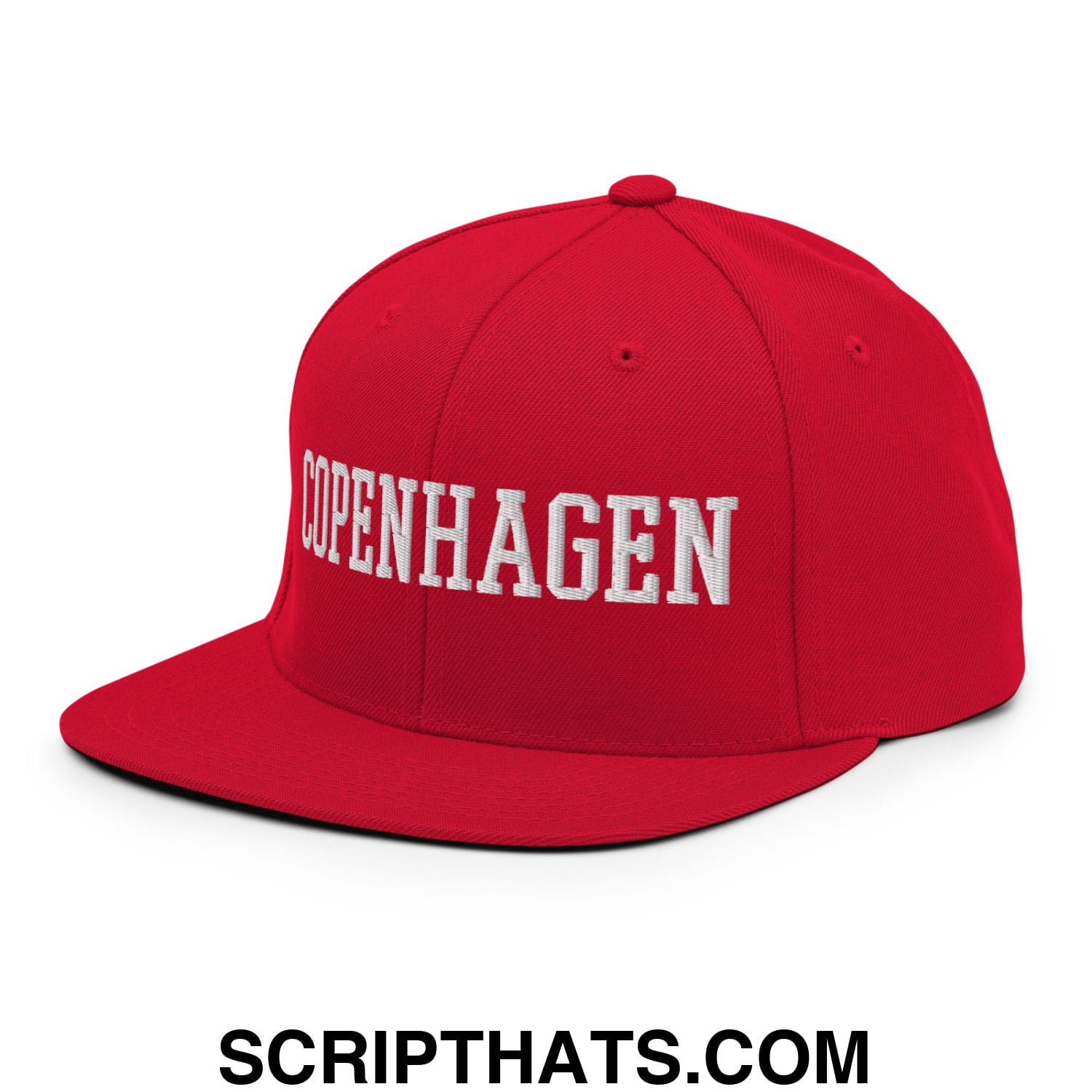 Copenhagen Varsity College Block Embroidered Flat Bill Brim Snapback Hat Red