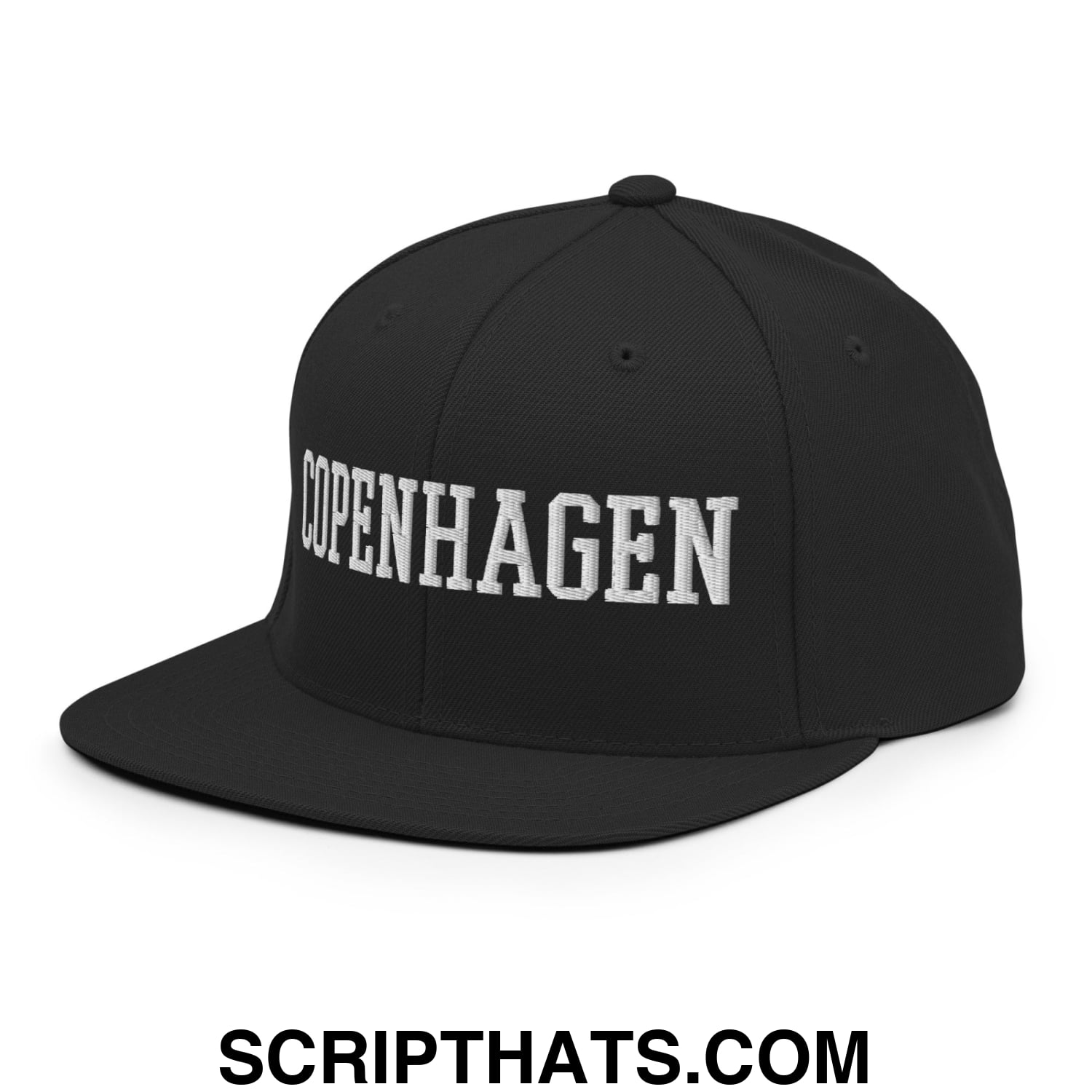 Copenhagen Varsity College Block Embroidered Flat Bill Brim Snapback Hat Black