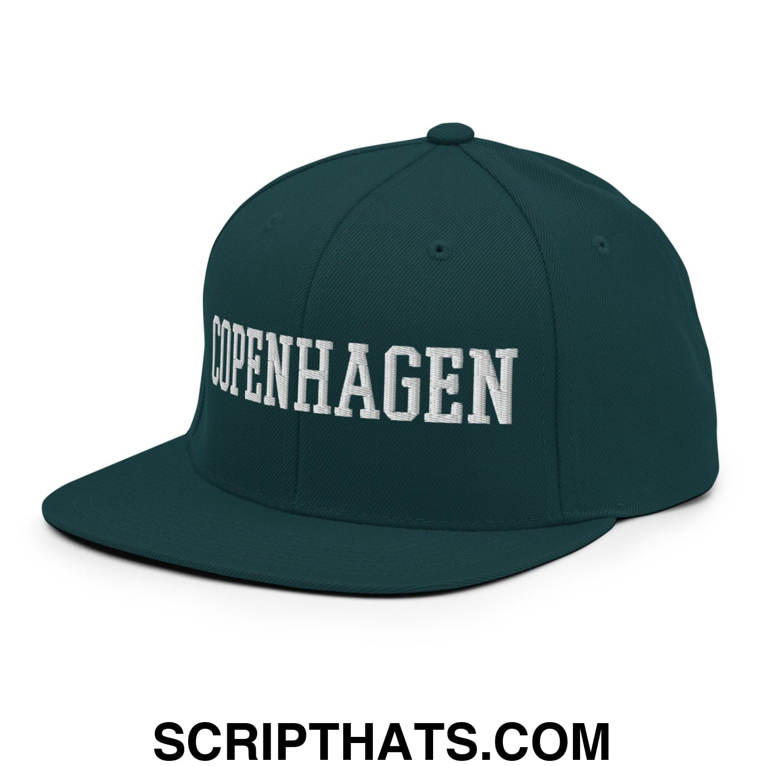 Copenhagen Varsity College Block Embroidered Flat Bill Brim Snapback Hat Spruce